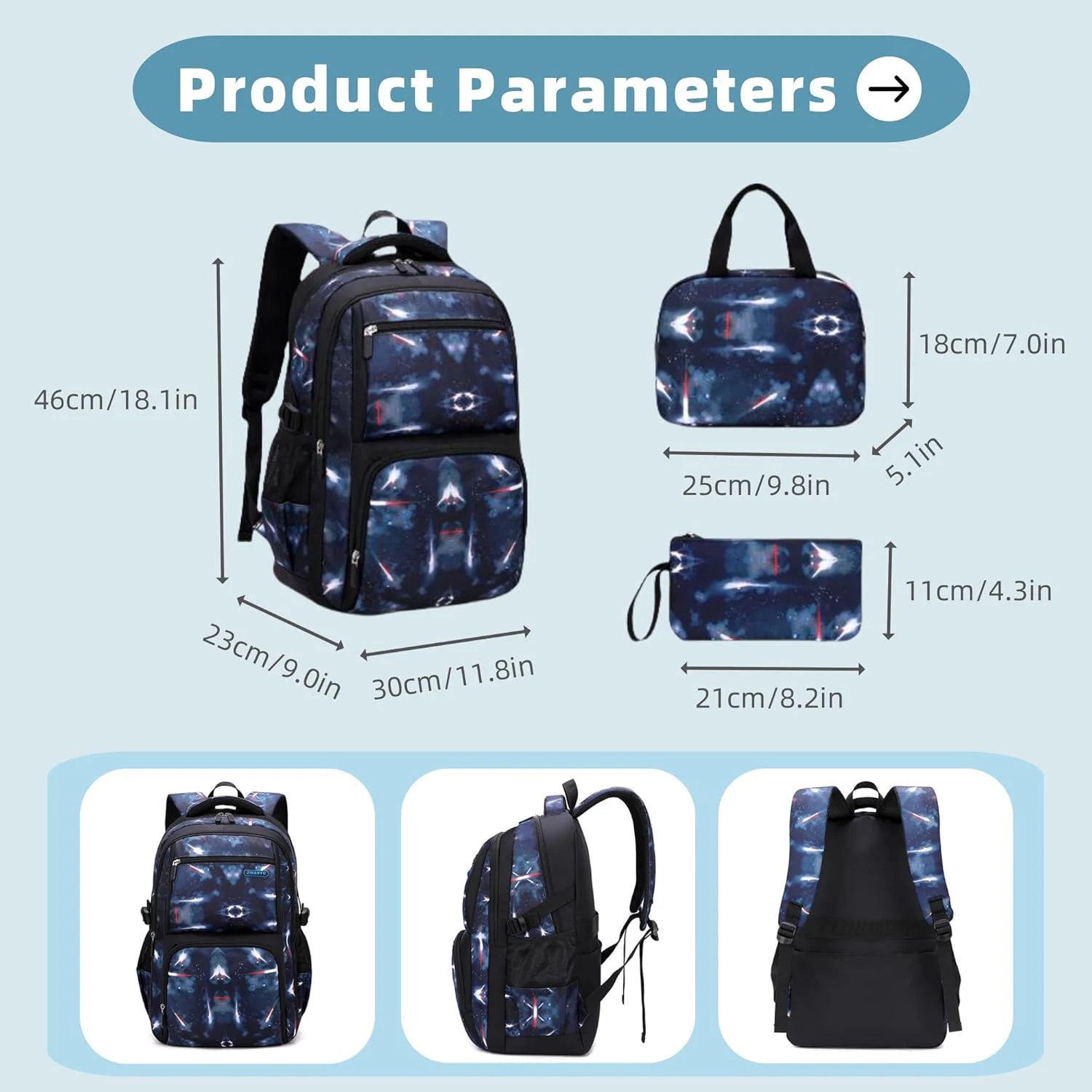 Custom logo School Bags 3pcs Set With Lunch Bag for Boys Kids Student Backpack Mochila Escolar Large Capacity Children Black Bag