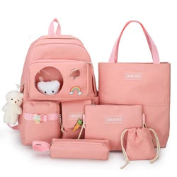 Custom logo Korean Cute Multiple Pocket Student Tote Kids College 5pcs Set Class Bags Girls Backpacks for Teenagers