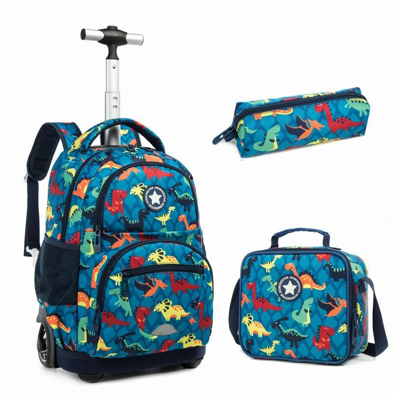 Jasminestar RNew Design Custom Logo Kids School Rolling Trolley Wheels Luggage Backpack With Lunch Box
