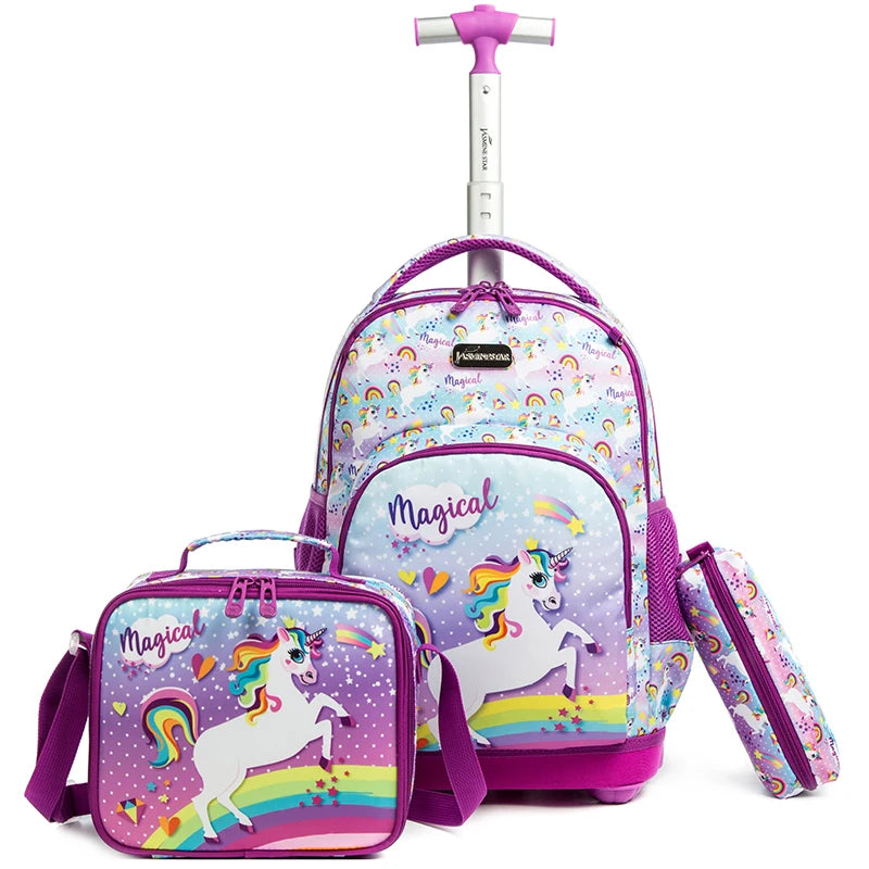 Jasminestar RNew Design Custom Logo Kids School Rolling Trolley Wheels Luggage Backpack With Lunch Box