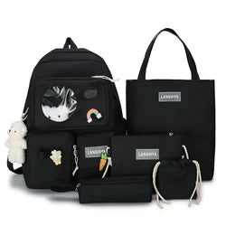 Custom logo Korean Cute Multiple Pocket Student Tote Kids College 5pcs Set Class Bags Girls Backpacks for Teenagers