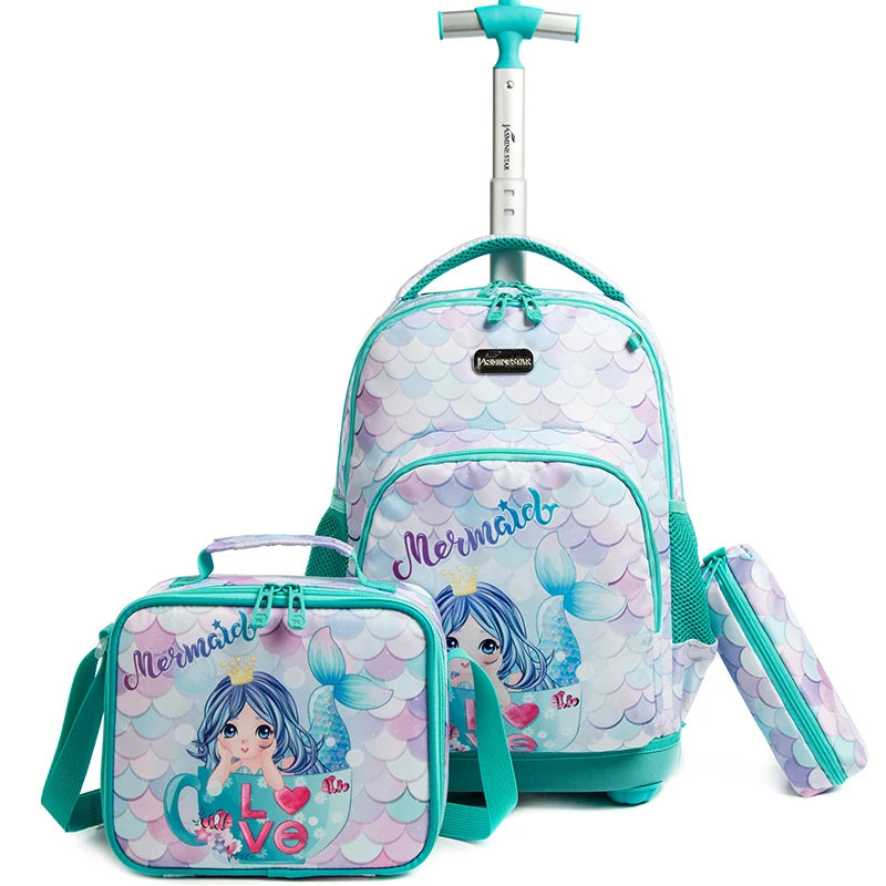 Jasminestar RNew Design Custom Logo Kids School Rolling Trolley Wheels Luggage Backpack With Lunch Box