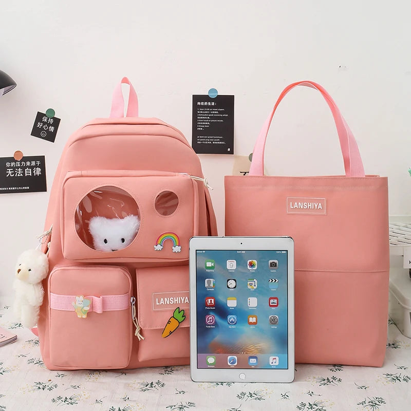 Custom logo Korean Cute Multiple Pocket Student Tote Kids College 5pcs Set Class Bags Girls Backpacks for Teenagers