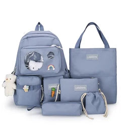 Custom logo Korean Cute Multiple Pocket Student Tote Kids College 5pcs Set Class Bags Girls Backpacks for Teenagers