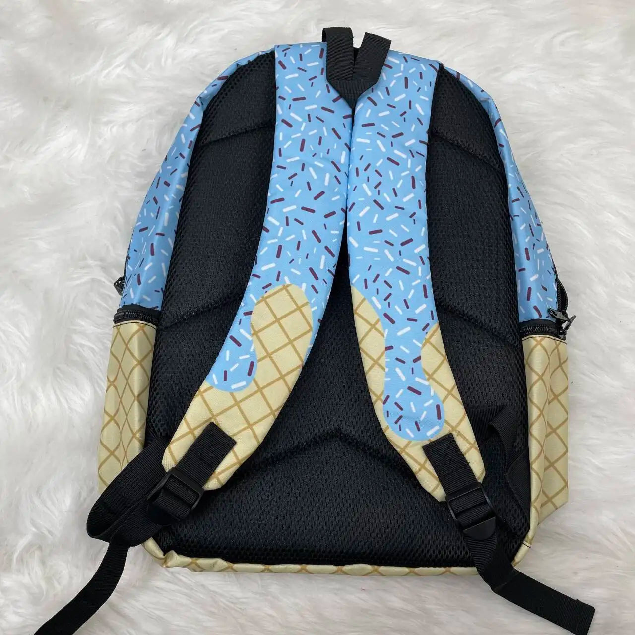 Custom Logo Blue Ice Cream Print Travel Backpack Foldable and Soft Cute Vintage School Bag for Girls Students Wholesale
