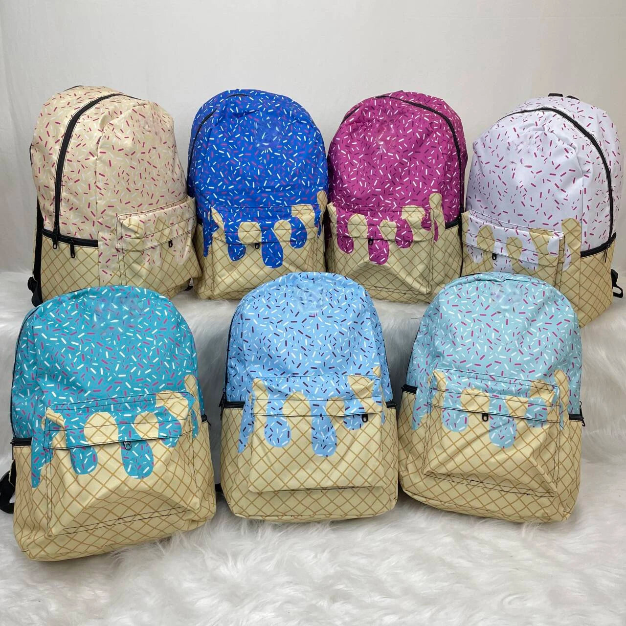 Custom Logo Blue Ice Cream Print Travel Backpack Foldable and Soft Cute Vintage School Bag for Girls Students Wholesale