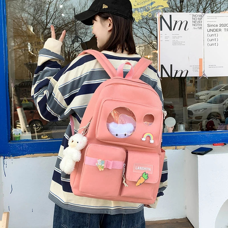 Custom logo Korean Cute Multiple Pocket Student Tote Kids College 5pcs Set Class Bags Girls Backpacks for Teenagers