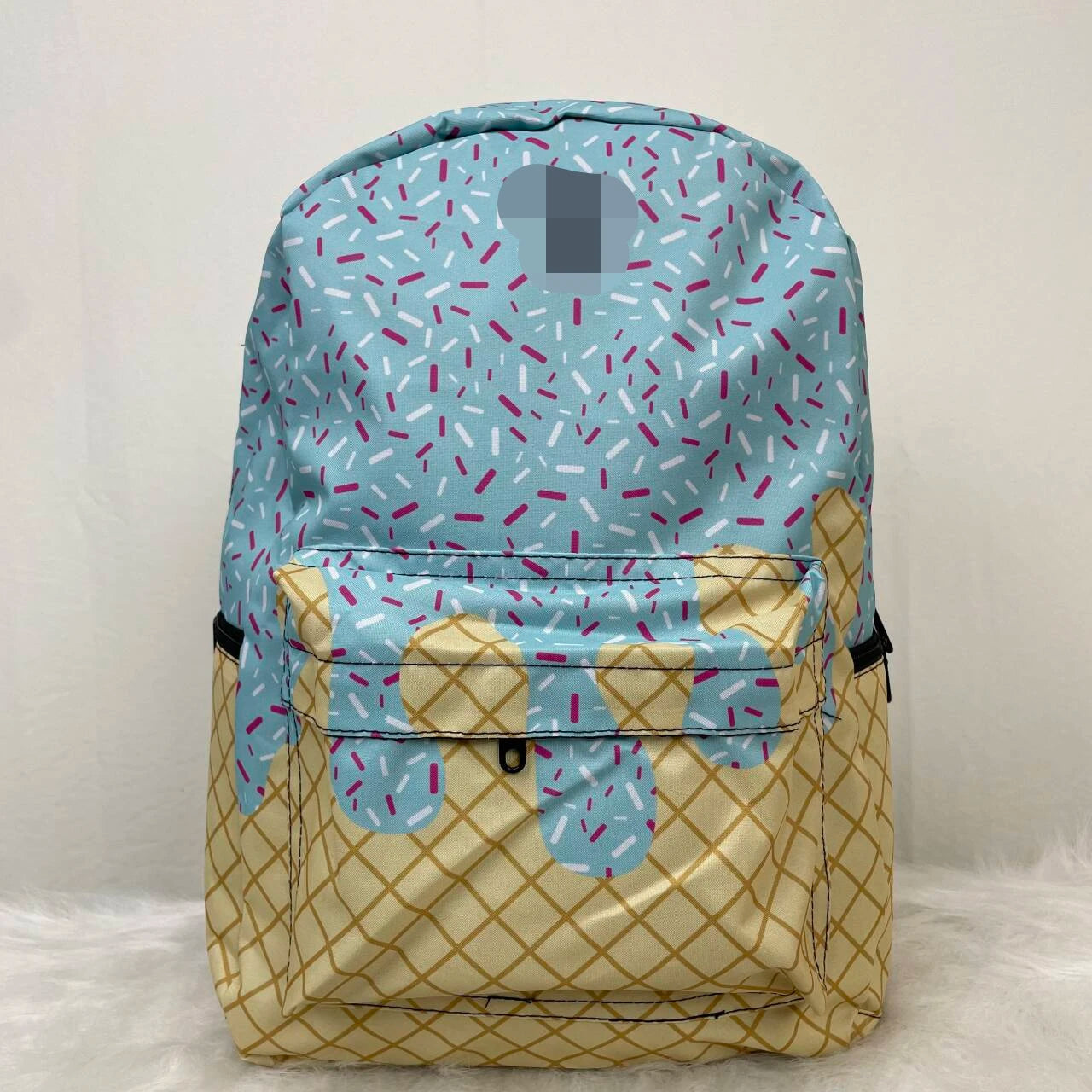 Custom Logo Blue Ice Cream Print Travel Backpack Foldable and Soft Cute Vintage School Bag for Girls Students Wholesale