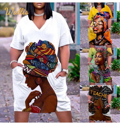 Fashion African Black Girl Dress Bohemian 3D Short Sleeve Tshirt V-Neck Knee Evening Party Midi Beach Plus Size Women'S Dresses