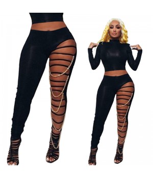 Cut Out Fashionable Black Color Sexy Women's Plus Size Pants & Trousers High Gold Chain Ripped Women's Pants Trousers Tight