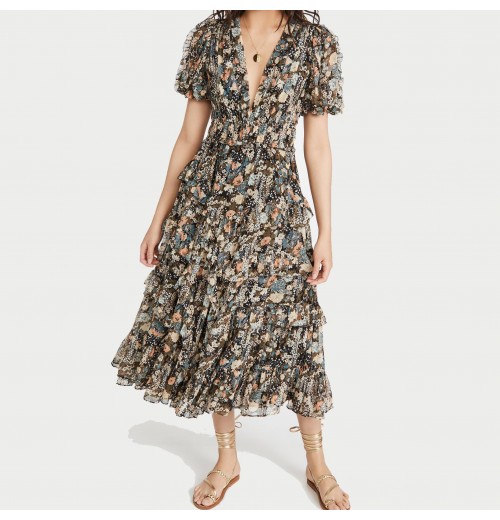 Custom Tiered Ruffles Short Puff Sleeve Pleated V Neck A-Line Maxi Floral Casual Dress Women