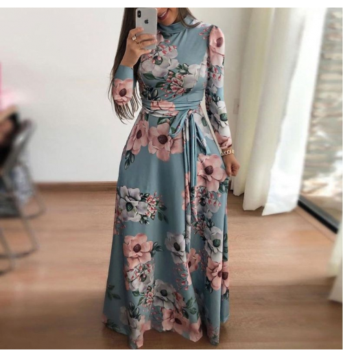 Women's Casual Maxi Floral Dress O-Neck Long Sleeves Button Closure Lightweight Printed Fabric Empire Breathable Day XS