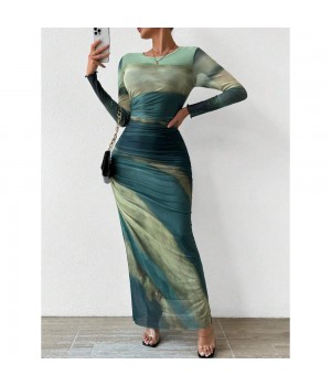 Customizable Women's Strapless Chiffon Dress Elegant O-Neck Design Sexy Tight Fitting Slit with Digital Printed Mesh